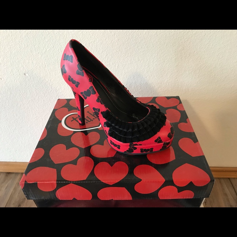 T.U.K. Red Bow Ruffle Sky Hi Heel 11